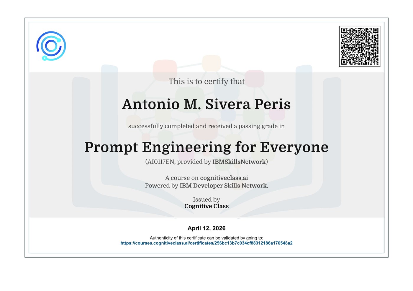 Diploma Prompt Engineering for Everyone IBM de Antonio Sivera