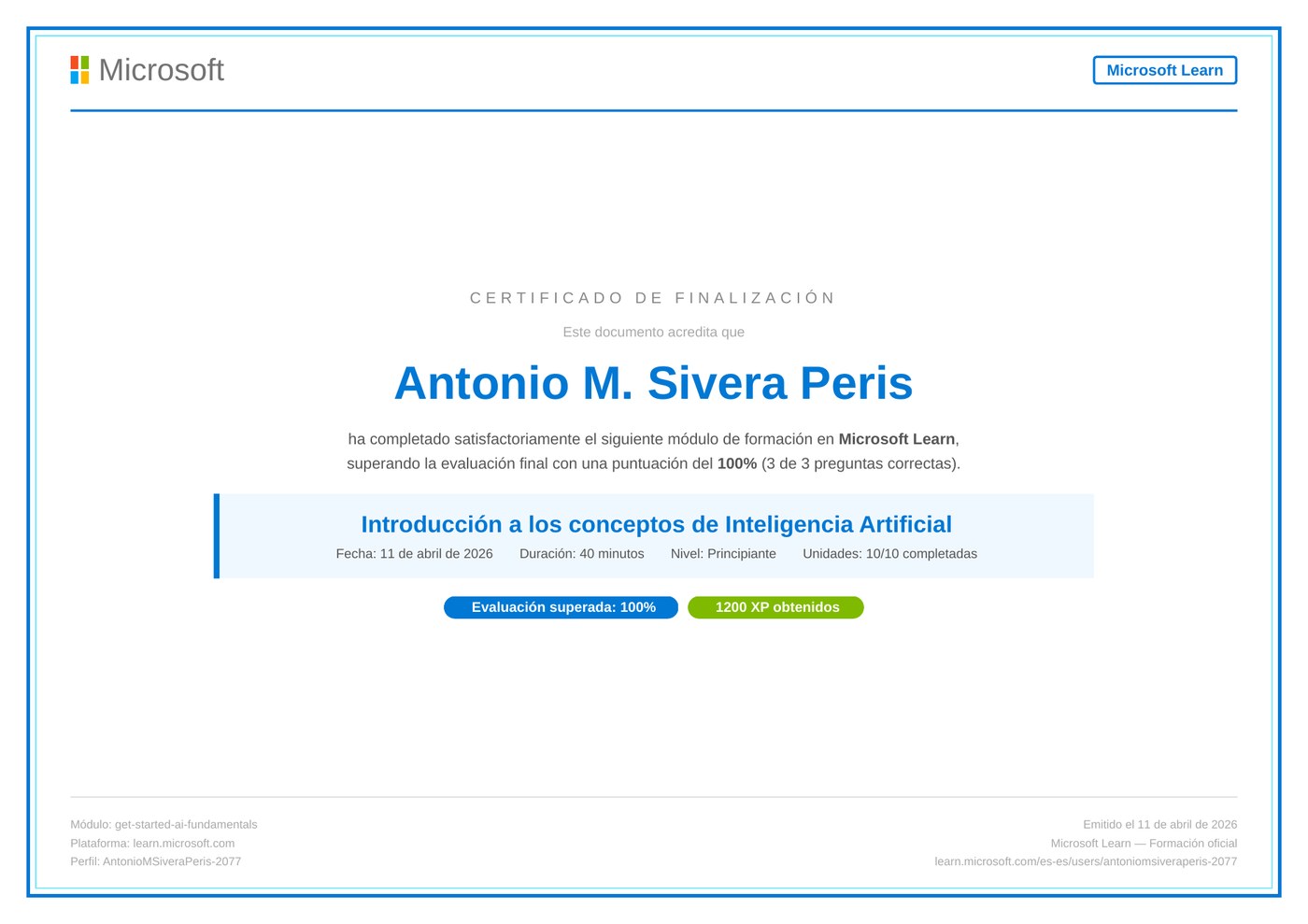 Diploma Fundamentos de Inteligencia Artificial Microsoft Learn de Antonio Sivera